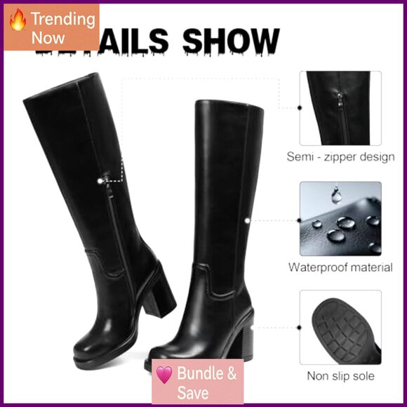 Women's Knee High Boots Wide Calf Platform Chunky Heel Square Toe - Picture 6 of 8